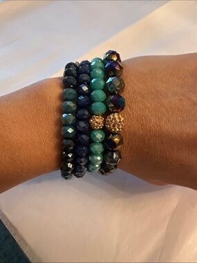 Erimish Turquoise, Navy and Iridescent Beaded Bracelet Stack with Gold Accent